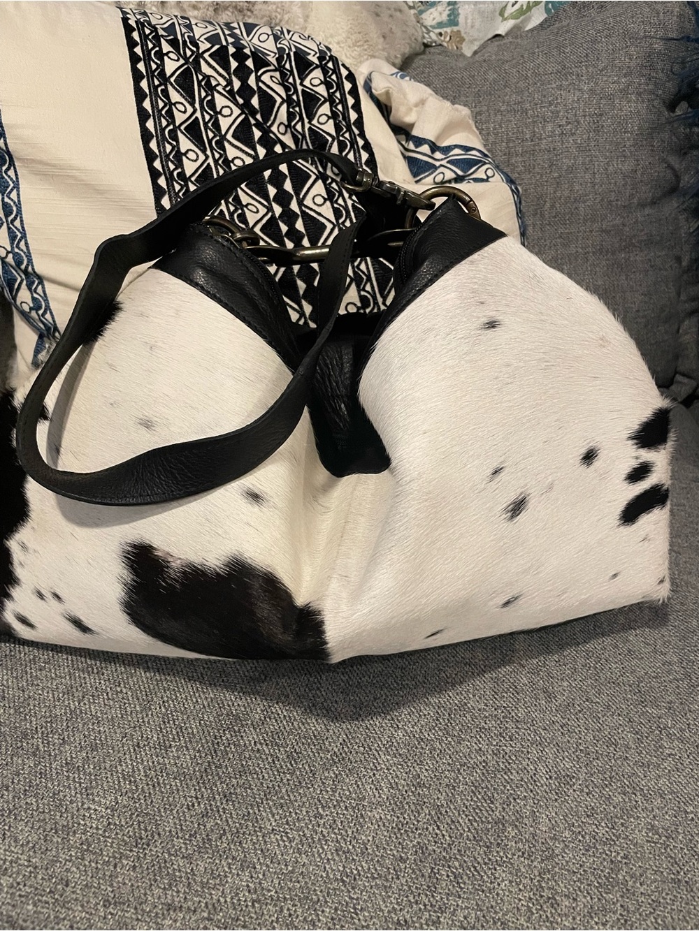 Cowhide Black and White Hobo Clip Bag Tote Bag